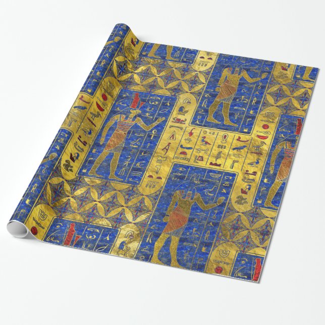 Egyptian  Gold  symbols on Lapis Lazuli Wrapping Paper (Unrolled)
