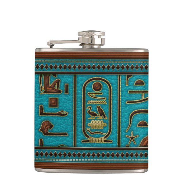 Egyptian Golden Leather hieroglyphs  on teal Hip Flask (Front)
