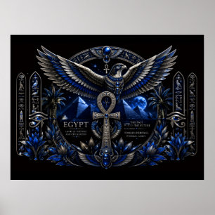 Egyptian Heritage Blue Silver Ankh Wings Wall Art