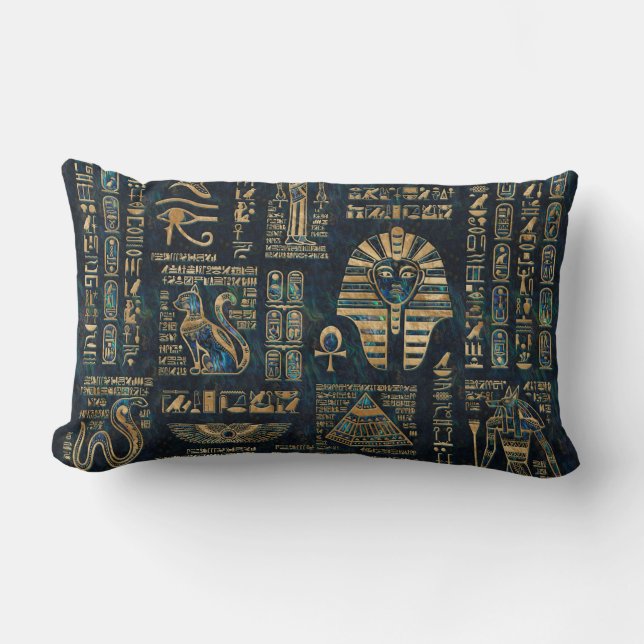 Egyptian hieroglyphs and deities -Abalone and gold Lumbar Pillow (Front)
