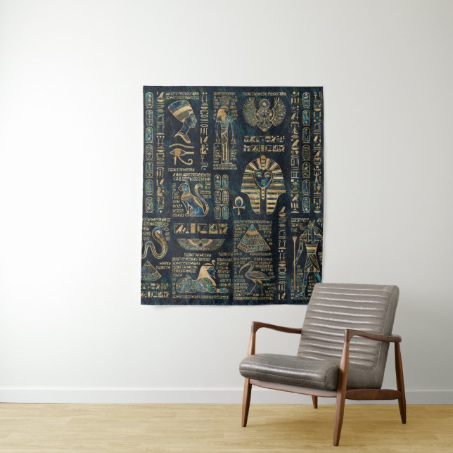 Egyptian hieroglyphs and deities -Abalone and gold Tapestry (In Situ)