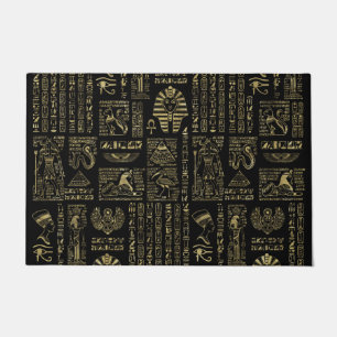 Egyptian hieroglyphs and deities gold on black doormat
