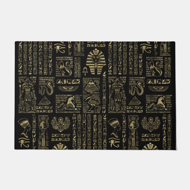 Egyptian hieroglyphs and deities gold on black doormat (Front)