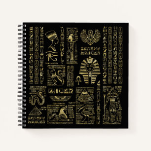 Egyptian hieroglyphs and deities gold on black notebook