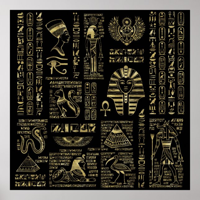 Egyptian hieroglyphs and deities gold on black poster (Front)