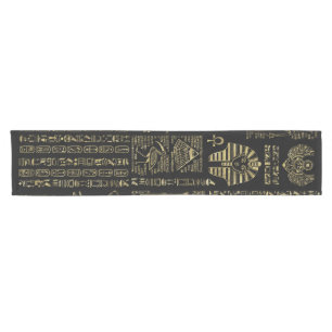 Egyptian hieroglyphs and deities gold on black short table runner
