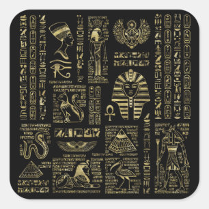 Egyptian hieroglyphs and deities gold on black square sticker