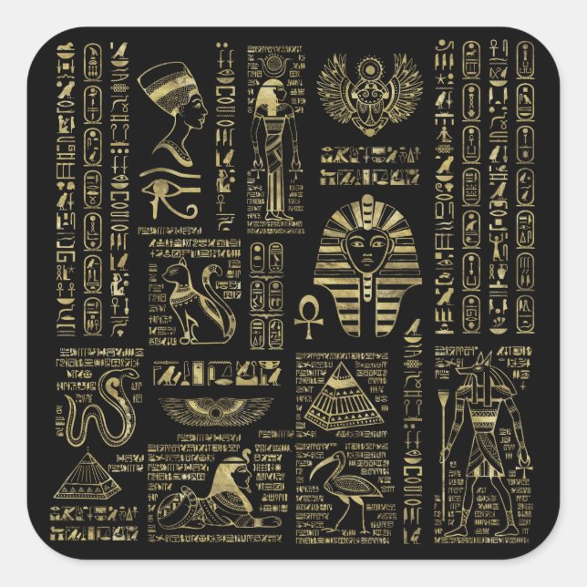 Egyptian hieroglyphs and deities gold on black square sticker (Front)