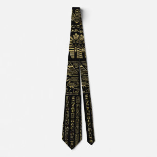 Egyptian hieroglyphs and deities gold on black tie