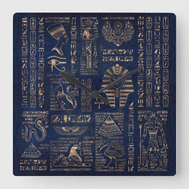Egyptian hieroglyphs and deities-gold on marble square wall clock (Front)