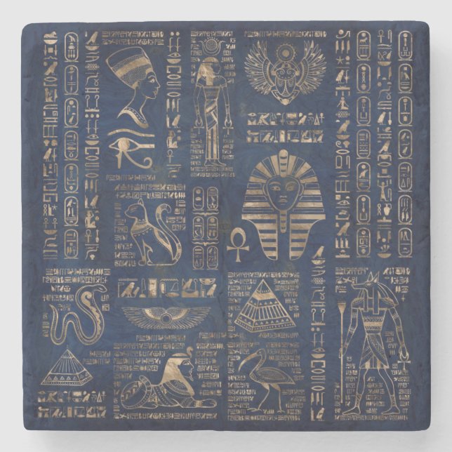 Egyptian hieroglyphs and deities-gold on marble stone coaster (Front)