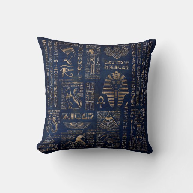 Egyptian hieroglyphs and deities-gold on marble throw pillow (Front)