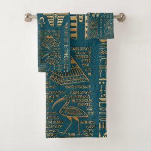 Egyptian hieroglyphs and deities - Gold on teal Bath Towel Set