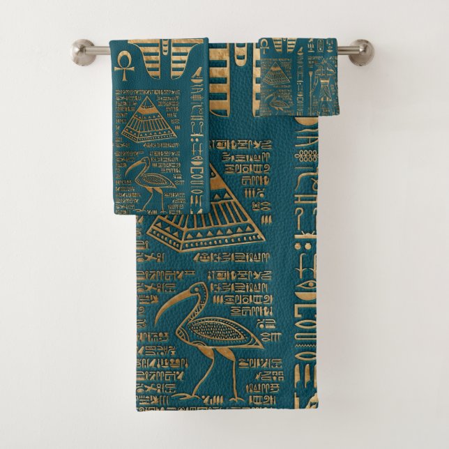 Egyptian hieroglyphs and deities - Gold on teal Bath Towel Set (Insitu)