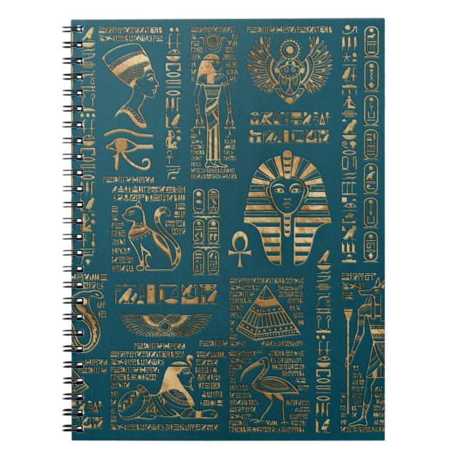 Egyptian hieroglyphs and deities - Gold on teal Notebook (Front)