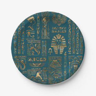 Egyptian hieroglyphs and deities - Gold on teal Paper Plate