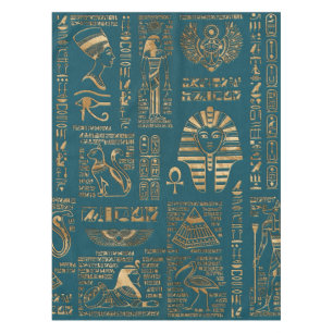 Egyptian hieroglyphs and deities - Gold on teal Tablecloth
