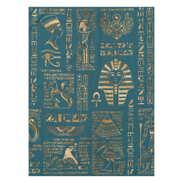 Egyptian hieroglyphs and deities - Gold on teal Tablecloth (Front)
