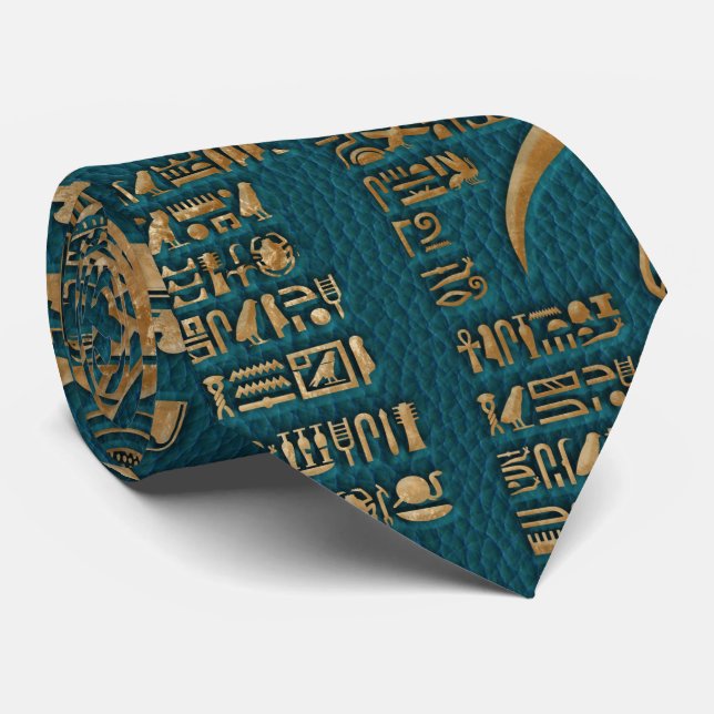 Egyptian hieroglyphs and deities - Gold on teal Tie (Rolled)
