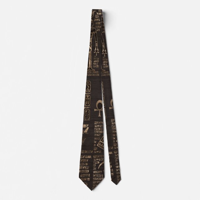 Egyptian hieroglyphs and deities - gold on wood tie (Front)