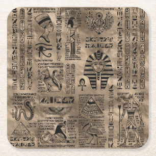 Egyptian hieroglyphs and deities - Luxury Gold Square Paper Coaster