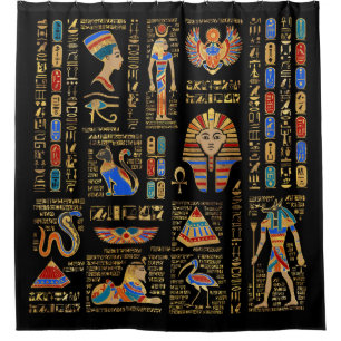 Egyptian hieroglyphs and deities on black