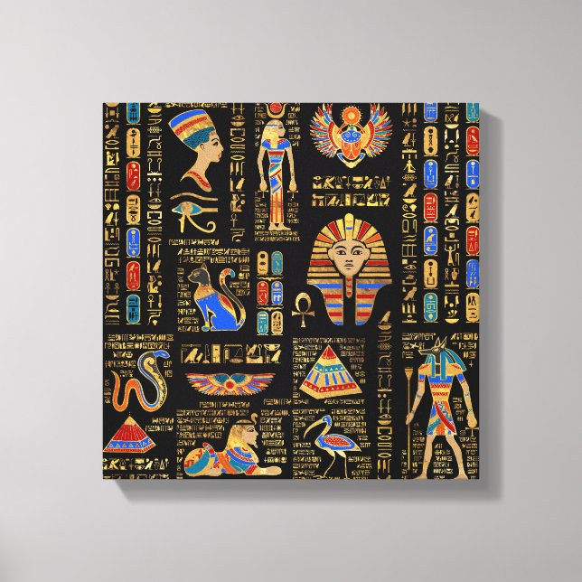 Egyptian hieroglyphs and deities on black canvas print (Front)