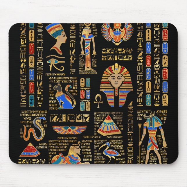 Egyptian hieroglyphs and deities on black mouse pad (Front)