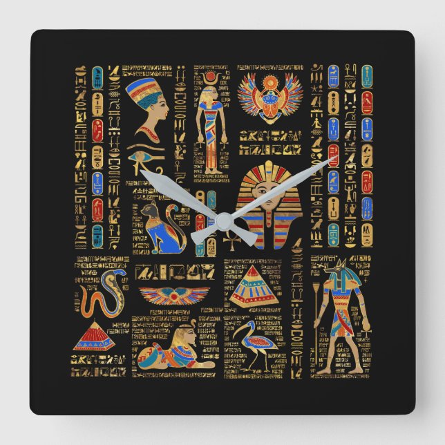 Egyptian hieroglyphs and deities on black square wall clock (Front)
