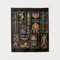 Egyptian hieroglyphs and deities on black