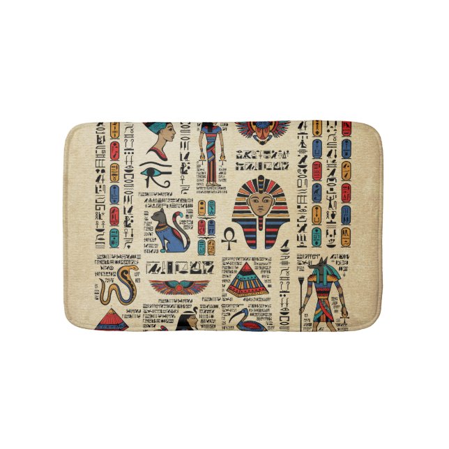 Egyptian hieroglyphs and deities on papyrus bath mat (Front)