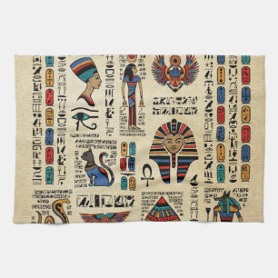 Egyptian hieroglyphs and deities on papyrus kitchen towel