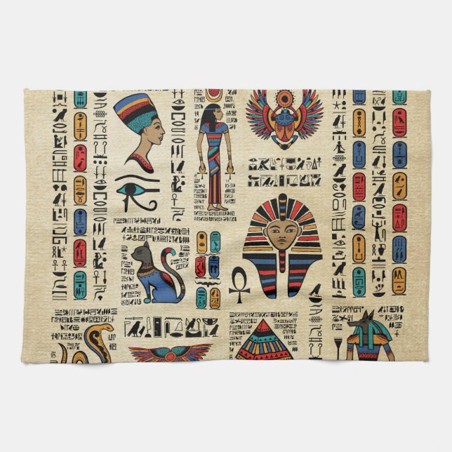 Egyptian hieroglyphs and deities on papyrus kitchen towel (Horizontal)