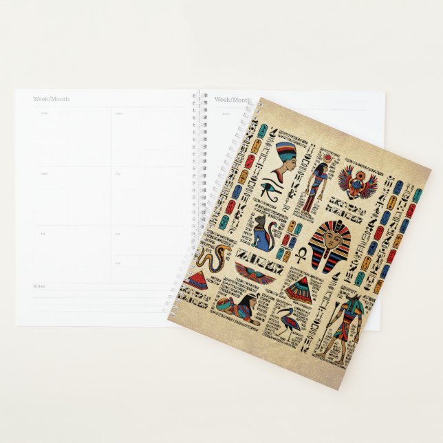 Egyptian hieroglyphs and deities on papyrus planner (Display)