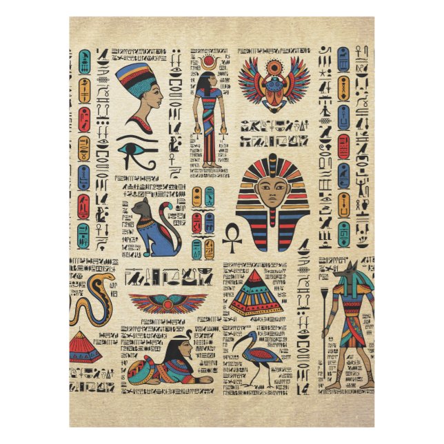 Egyptian hieroglyphs and deities on papyrus tablecloth (Front)