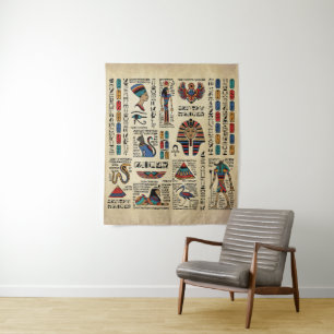 Egyptian hieroglyphs and deities on papyrus tapestry