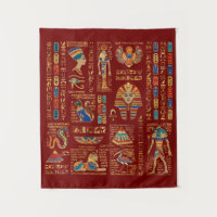 Egyptian hieroglyphs and deities on red