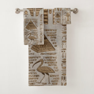 Egyptian hieroglyphs and deities -Vintage Gold Bath Towel Set