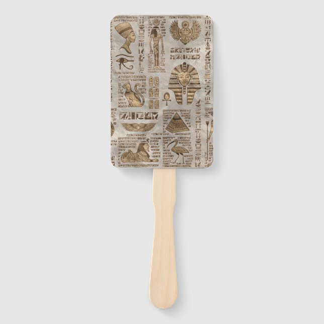 Egyptian hieroglyphs and deities -Vintage Gold Hand Fan (Front)