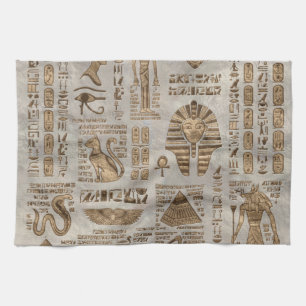 Egyptian hieroglyphs and deities -Vintage Gold Kitchen Towel