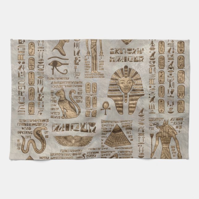 Egyptian hieroglyphs and deities -Vintage Gold Kitchen Towel (Horizontal)