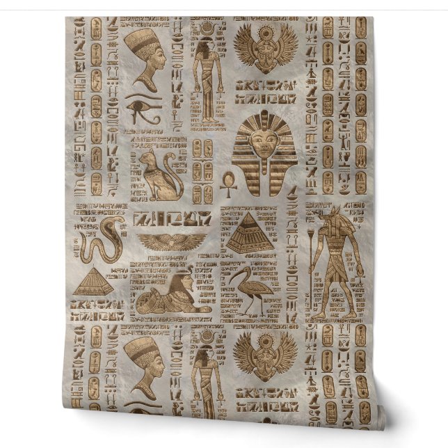 Egyptian hieroglyphs and deities -Vintage Gold Wallpaper (Unrolling)
