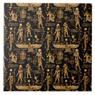 Egyptian hieroglyphs and Gods gold and black Tile