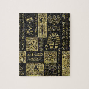 Egyptian hieroglyphs and symbols on black leather jigsaw puzzle