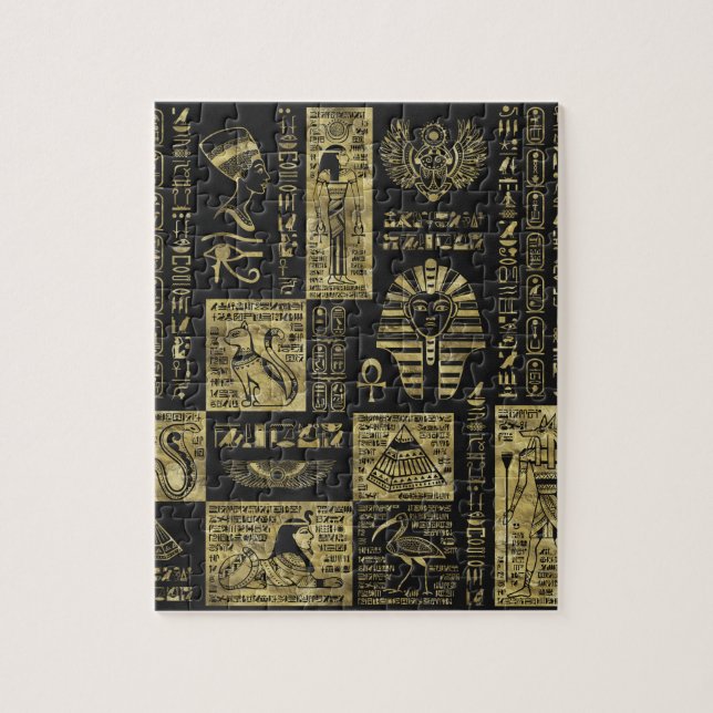 Egyptian hieroglyphs and symbols on black leather jigsaw puzzle (Vertical)