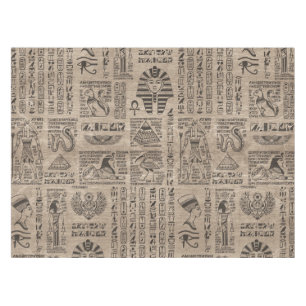 Egyptian hieroglyphs and symbols on wood tablecloth