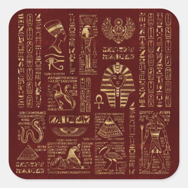 Egyptian hieroglyphs and symbols red leather square sticker (Front)