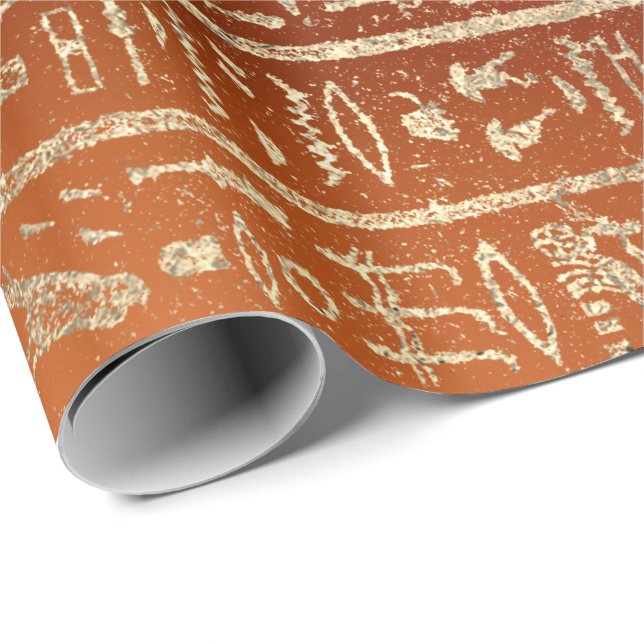Egyptian Hieroglyphs Gold Foxier Coral Orange Wrapping Paper (Roll Corner)