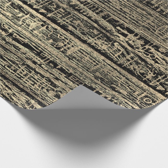 Egyptian Hieroglyphs Gold Foxier Faux Black Wood Wrapping Paper (Corner)