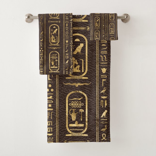 Egyptian hieroglyphs Gold on Brown Leather Bath Towel Set (Insitu)